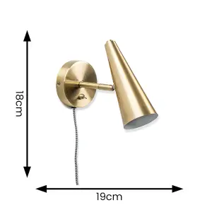 ValueLights Duke Plug in Brushed Antique Brass Cone Easy Fit Wall Light with Adjustable Head