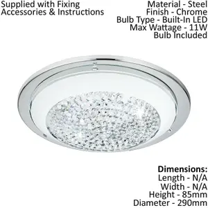 Wall Flush Ceiling Light Chrome Shade White Clear Glass Crystals Bulb LED 11W