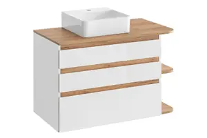 Countertop Vanity Sink Unit with Basin Wall Bathroom Drawer Cabinet 940mm White Gloss Oak Finish Plat