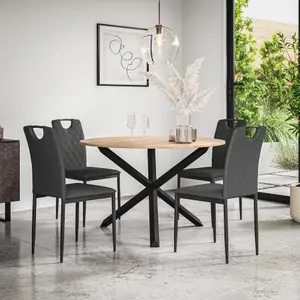 Malvern Round Dining Table And Chairs -  Oak Table Top w Solid Oak Black Legs + Monza Fabric Dining Chair Set Of 4 (Charcoal)