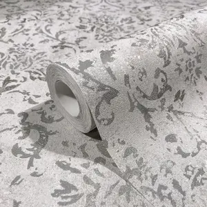 Galerie The New Design Book Metallic Grey Ornamental Mottled Damask Wallpaper Roll