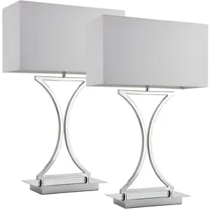 2 PACK Modern Table Lamp Light Chrome Metal & White Shade Square Desk Sideboard