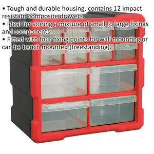 260 x 160 x 265mm 12 Drawer Parts Cabinet - RED - Wall Mounted / Standing Box