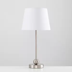 ValueLights Theydon Modern Brushed Chrome Single Stem Metal Ball Table Lamp with White Tapered Shade with LED Golfball Bulb