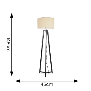 ValueLights Lottie Black Wood Tripod Floor Lamp with Natural Drum Shade - LED Bulb Included