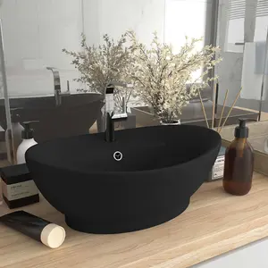 Berkfield Luxury Basin Overflow Oval Matt Black 58.5x39 cm Ceramic