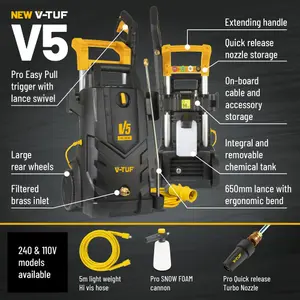 V-TUF V5 110v X2 Tough DIY Site Electric Pressure Washer - 2175psi, 150Bar, 6L/min - 8 m HI-VIS HOSE & 5m CABLE