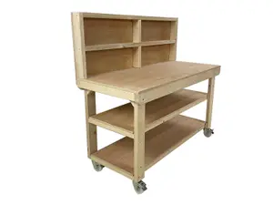 Wooden workbench, 18mm eucalyptus hardwood top workstation (H-90cm, D-70cm, L-240cm) with back panel, double shelf and wheels