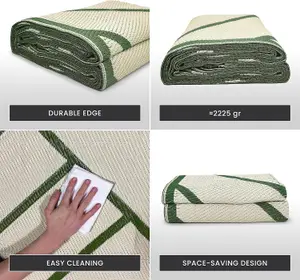 Extra Large Garden Outdoor Rug For Patio, Olive Green & Cream Geo-Lines  Waterproof Garden Rug 180 x 270cm