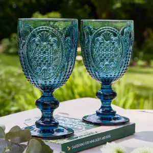 Set of 6 Vintage Luxury Blue Embossed Drinking Wine Glass Wine Goblets 310ml