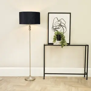 ValueLights Maggie Brushed Chrome Candlestick Floor Lamp with Black Velvet Lamp Shade and LED Bulb