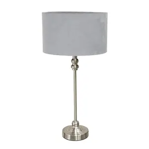 ValueLights Maggie Brushed Chrome Candlestick Slim Table Lamp with Grey Velvet Drum Lamp Shade and LED Bulb