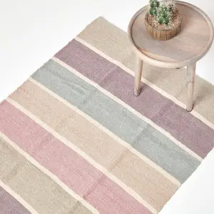 Homescapes Cotton Chenille Striped Rug Blue Beige Purple Grey Natural, 90 x 150 cm