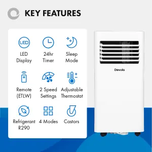 Devola Portable Air Conditioner 9000 BTU Energy Efficient Dehumidifier Function, Remote Control, Timer, Sleep Mode, White