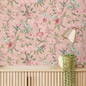 Fine Decor Eleanor Floral Birds Pink Wallpaper Flowers Botanical Feature Wall