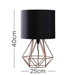 ValueLights Angus Pair of Copper Metal Bed Side Table Lamps with Black Fabric Shades and LED Golfball Bulbs In Warm White