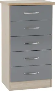 Nevada 5 Drawer Narrow Chest in Grey  Light Oak Effect Veneer