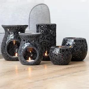 Black Glass Pillar Shaped Oil, Wax Melt Burner. Mirrored Crackle Effect. H14.5 cm