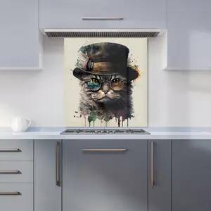 Cat With Glasses And Hat Splashart Premium Glass Kitchen Splashback W600mm x H650mm