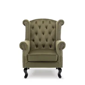 Velvet Sage Green Fireside Henley Wingback Armchair with Buttons