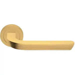 Premium Art Deco Door Handle Set - Satin Brass Reeded Lever On Round Rose