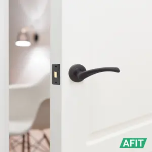 AFIT Matt Black Door Handle Latch set - Round Internal Door Handles, Latch (64mm), Hinges (76mm) Matt Black Lever on Rose Novi