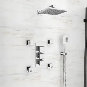 Nes Home Olive Square 3 Way Concealed Thermostatic Shower Mixer Valve, Shower Head, Handheld, 4x Body Jets Set Chrome