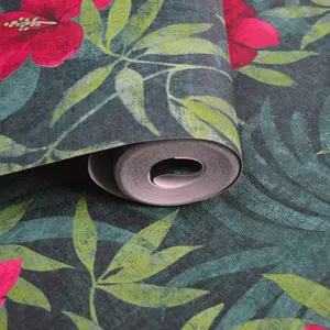 Galerie Havana Green Red Floral Textured Wallpaper