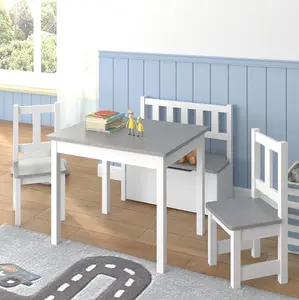 URBNLIVING 53cm Height Wooden Children's Kids Toddlers Table, 2 Chairs & Toy Storage Bench Activity Set White & Grey