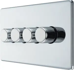 BG Electrical FPC84 Nexus Flatplate Screwless Polished Chrome 4 Gang 200W 2 Way Trailing-Edge Push Dimmer Switch