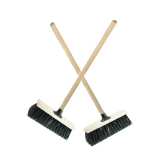 1x 13" Black Wooden Handle Black Strong PVC Bristle Sweeping Brooms For Cleaning Hard Floors