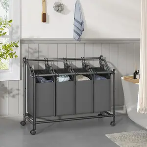 SONGMICS Laundry Basket Trolley, Rolling Hamper with 4 Removable Bags, Laundry Sorter, Slate Grey