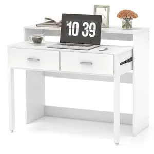 Costway 2 Drawers Extendable Writing Table Computer Desk w/ Monitor Shelf & Wheels