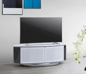 MDA Designs LUNA Gloss White Oval Cabinet with Black Profiles and White BeamThru Glass Doors for Flat Screen TVs up to 50"