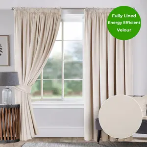 Home Curtains Montreal Super Soft Velour Fully Lined 45w x 72d" (114x183cm) Natural 3" Pencil pleat Curtains (PAIR)