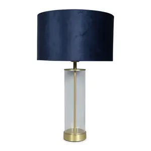 Simonetta Matt Gold and Clear Tube Table Lamp with Blush Velvet Reni Shade and 6W GLS Warm White Bulb Gold / Navy / Yes