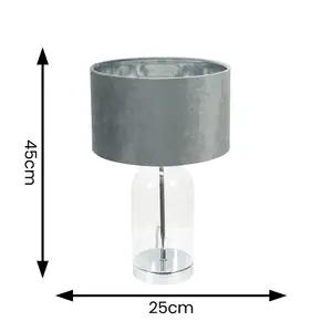 ValueLights Jessy Glass with Silver Trim Table Lamp with Grey Velvet with Chrome Inner Lamp Shade