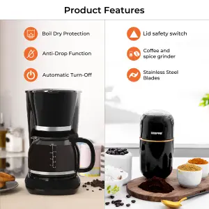 GEEPAS 1.5L Filter Coffee Machine & Coffee Grinder 80g Capacity Combo Set, Black