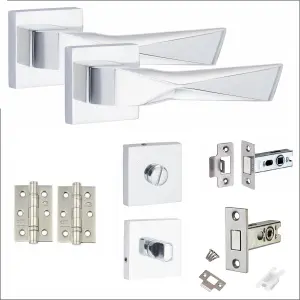 1 Pair Modern Aura Design Polished Chrome Premium Bathroom Door Handles Square Rose Dead Bolt Ball Latch Hinges Thumbturn