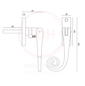 Devoran Monkey Tail Espag Window Handle - Black (Right-Hand)