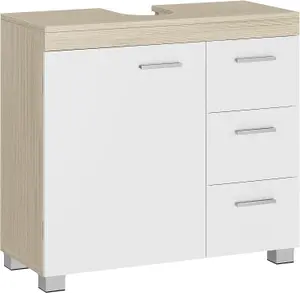 VASAGLE Under Sink Bathroom Cabinet, Storage Cabinet, with 3 Drawers, Compartments Behind the Door, Cloud White and Natural Beige