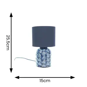 ValueLights Priyah Navy Blue Textured Scallop Effect Ceramic Table Lamp with Drum Shade - LED Bulb Included