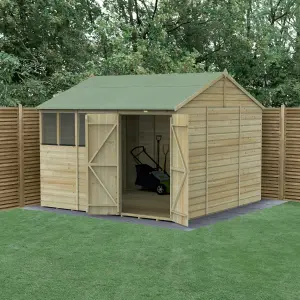 Forest Garden Beckwood Shiplap 10x10 ft Reverse apex Natural timber Wooden Pressure treated 2 door Shed with floor & 4 windows - Assembly service included