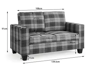 Dakota Grey Tartan  Sofa 2 Seater Cushioned Settee Modern Living Home Couch Sofa in A Box