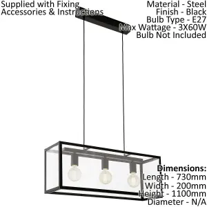 Hanging Ceiling Pendant Light Black Glass Box 3x 60W E27 Kitchen Island Lamp