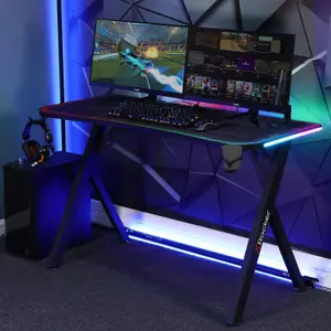 X-Rocker Lumio XL 140 x 60cm RGB Gaming Desk, Gaming Table with Headphone Hook and Cup Holder Office Desk with FREE Mousemat