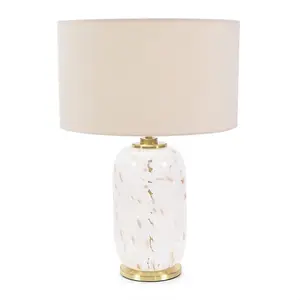 ValueLights India Gold Metal and White Confetti Glass Table Lamp with Natural Drum Lampshade - LED Bulb Included