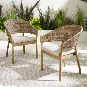 Furniturebox UK Asa 2 x Wood & Wicker Outdoor Dining Chairs + Cream Cushion