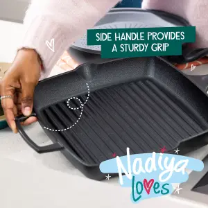 Prestige Nadiya Black Square Cast Iron Dishwasher Safe Induction Suitable Grill Pan with Pouring Lips 27cm