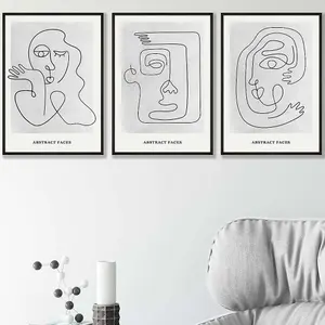 Set of 3 Grey Abstract Line Art Faces Wall Art Prints / 42x59cm (A2) / Black Frame